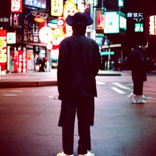 Image similar to old black man in tokyo at night, cinestill 8 0 0,