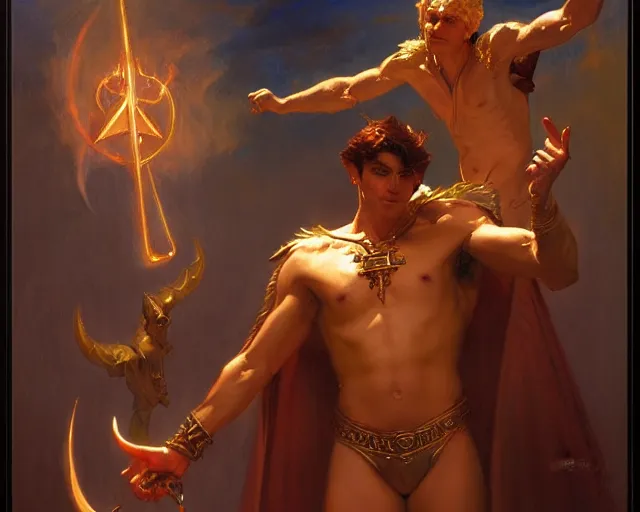 Image similar to attractive male deity, casting demonic magic, summoning handsome lucifer morning star. highly detailed painting by gaston bussiere, craig mullins, j. c. leyendecker 8 k