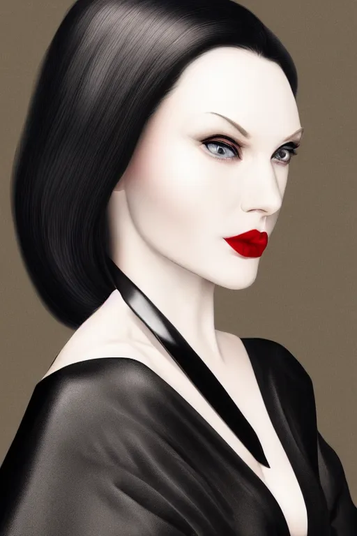 Image similar to hyper - realistic close - up portrait of a modern woman, pale skin, in a black silk robe, in the retrofuturism style