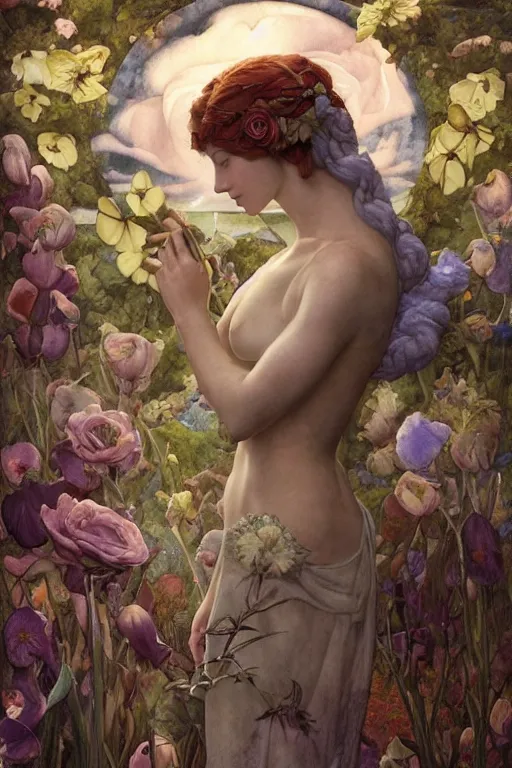 Image similar to flower maiden, by annie swynnerton and tino rodriguez and charlie bowater and tom bagshaw and nicholas roerich and jean delville and evelyn de morgan and lucien freud, dramatic lighting, floral tattoos, rich colors, smooth sharp focus, anime key visual, extremely detailed, adolf wolfli