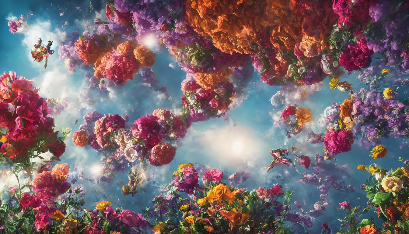 Prompt: An epic fantastic realism comic book style painting of the most beautiful flowers launched into space, bouquets, fisheye lens, the Earth is forming, unreal 5, DAZ, hyperrealistic, octane render, dynamic lighting