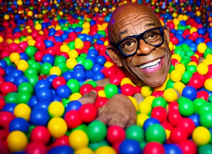 Image similar to photo still of al roker in a ball pit!!!!!!!! at age 4 6 years old 4 6 years of age!!!!!!!! hiding from parents, 8 k, 8 5 mm f 1. 8, studio lighting, rim light, right side key light