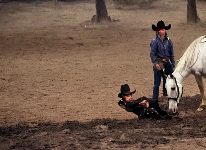 Prompt: a cowboy wearing an eye mask disguise while he sinks into a tar pit with his horse, wide shot, from the hit 9 0 s tv show