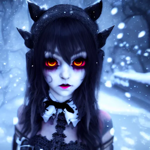 Prompt: full shot portrait of angry darkness cute anime girl at moonlight, snowing, gothic wearing, inspired by Tim Burton, Amano, detailed, unreal engine 4k volumetric light, fog,