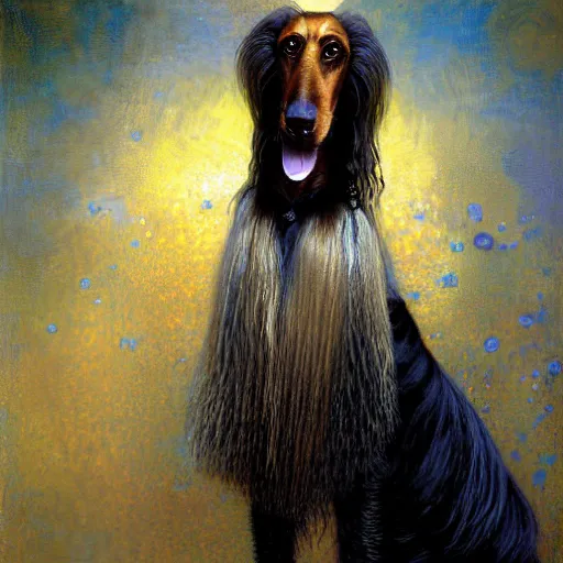 Image similar to portrait of a male furry afghan hound dog in a police uniform. shadowrun furaffiniy cyberpunk fantasy highly detailed painting by gaston bussiere craig mullins jc leyendecker gustav klimt artgerm greg rutkowski john berkey, bergey, craig mullins, ruan jia, raymond swanland, jeremy mann, tom lovell, alex malveda