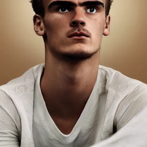 Image similar to a realistic detailed photo of a guy who is an attractive humanoid who is half robot and half humanoid, who is a male android, soccer player antoine griezmann, shiny skin, posing like a statue, blank stare, in a living room, on display, showing off his muscles