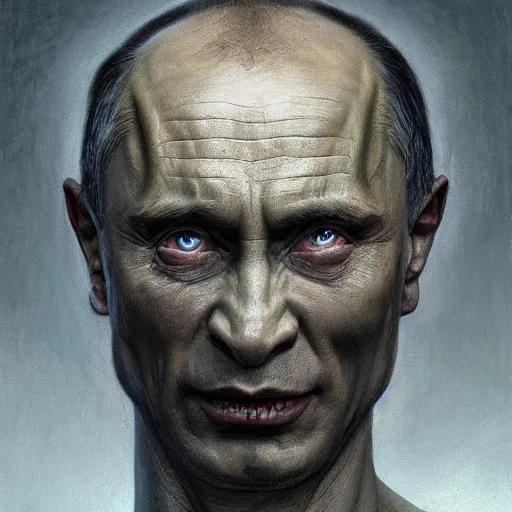 Image similar to vladimir putin, is orc, rotten tooth, horror, macabre by donato giancola and greg rutkowski and wayne barlow and zdzisław beksinski, realistic face, digital art