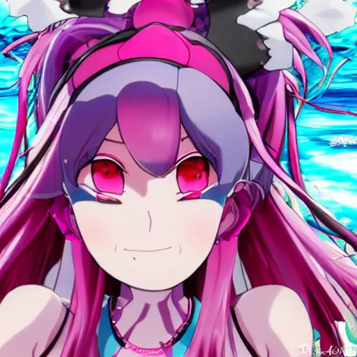 Image similar to stunningly beautiful omnipotent megalomaniacal anime goddess who looks like junko enoshima with porcelain skin, pink twintail hair and mesmerizing cyan eyes, symmetrical perfect face smiling in a twisted, mischievous, devious and haughty way while looking down upon the viewer and taking control, mid view, hyperdetailed, 2 d, 8 k