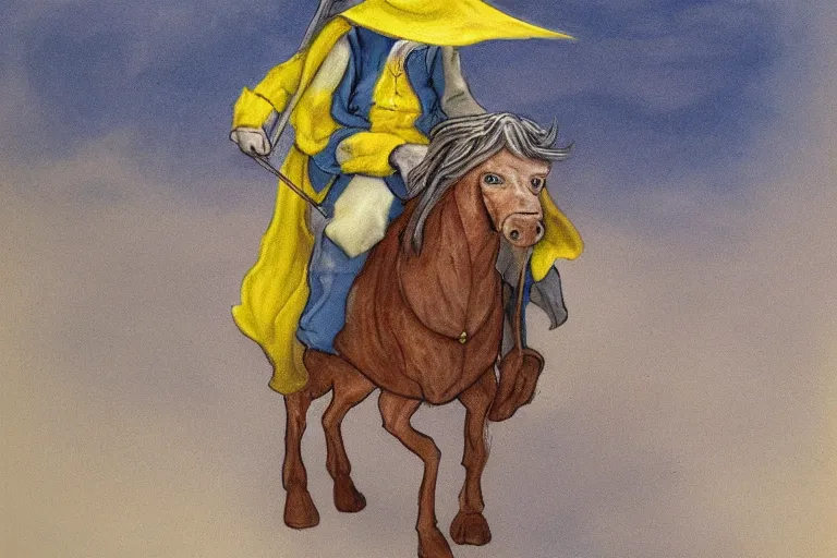 Image similar to Gandalf with a yellow hat riding a horse