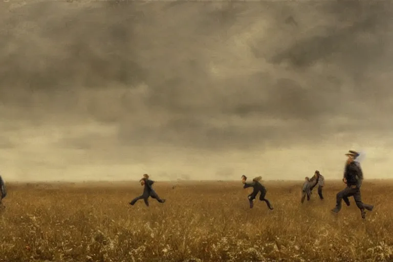 Image similar to a group of men running across a field, a matte painting by anton mauve, featured on cgsociety, remodernism, matte painting, # vfxfriday, matte drawing