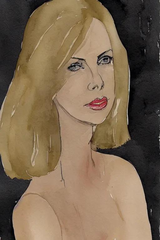 Prompt: beautiful portrait of Charlize Theron by Milo manara and David downton, colorless, silent, watercolor