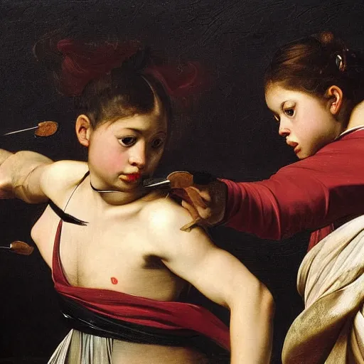 Image similar to two young girls fighting in an arena with swords, blood is splattering, highly detailed painting by the caravaggio 8 k