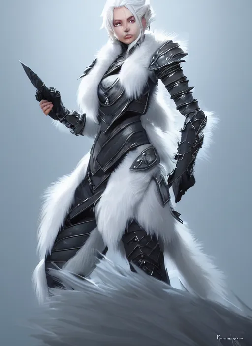 Image similar to fur - lined armor!!! beautiful and elegant white haired female!! gorgeous ayes!! character concept art, sharp focus, octane render! unreal engine 5! highly rendered!! trending on artstation!! detailed linework!! illustration by bussiere rutkowski andreas rocha