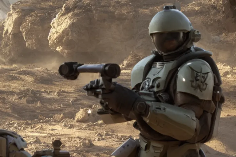 Image similar to VFX movie of a futuristic spacemarine in war zone, shooting gun natural lighting by Emmanuel Lubezki