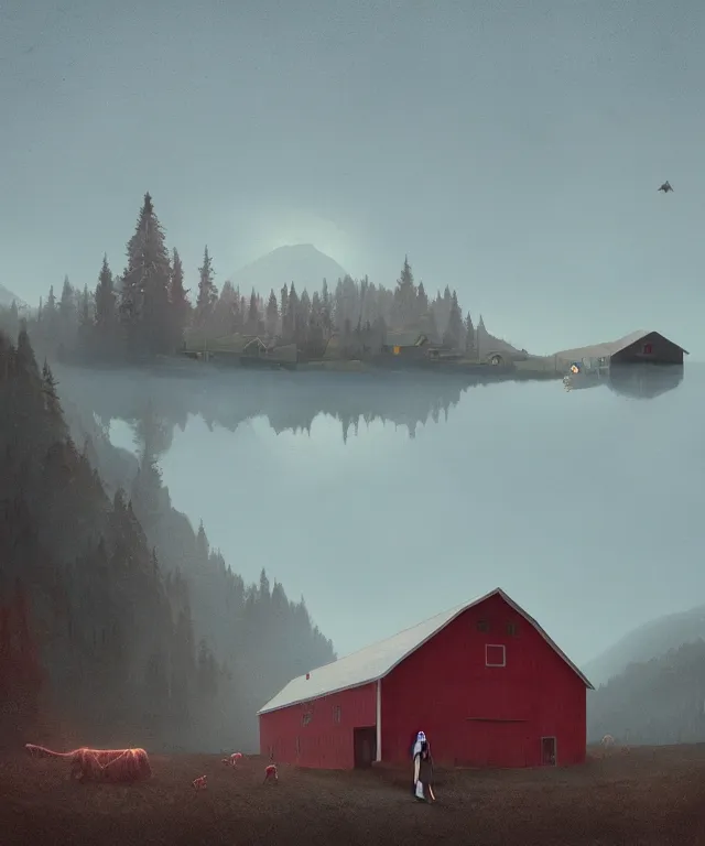 Prompt: simon stalenhag. composition : long shot. style : digital art ; concept ; mysterious ; 4 k. scenery : a sunny fjord with a lone gabled roof red barn. subject : a young woman with long black hair wearing a white dress. action : the woman is inside the barn.