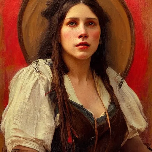 Prompt: Solomon Joseph Solomon and Richard Schmid and Jeremy Lipking victorian genre painting portrait painting of a happy young beautiful woman traditional american indian actress model old west character in fantasy costume, red background