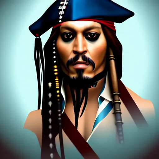 Image similar to portrait of captain jack sparrow, clear clean face, symmetrical face, blurry background, pose, trending on artstation, alexandra fomina artstation, face by ilya kushinov style, style by loish, painterly style, flat illustration, high contrast