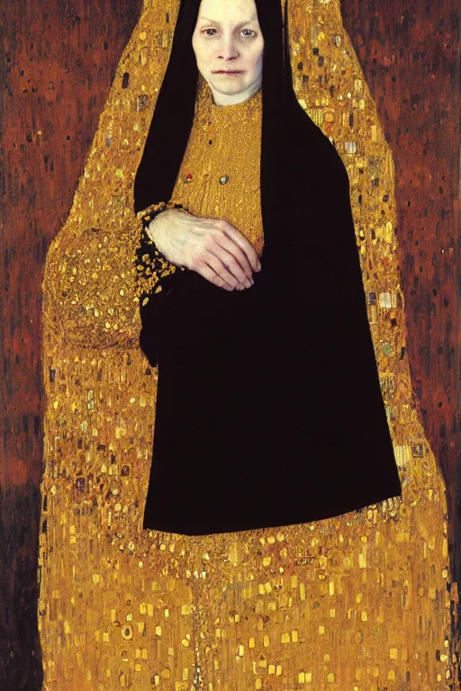 Image similar to portrait, vampire nun, opulent gold embroidered habit, art by klimt and jacek malczewski