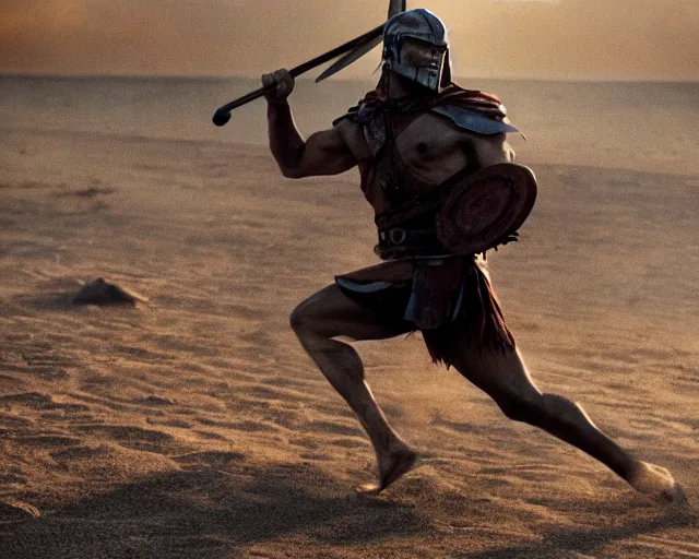 Image similar to spartan warrior sprinting on australian beach, epic award winning action cinematic still from the movie 3 0 0, sunrise lighting