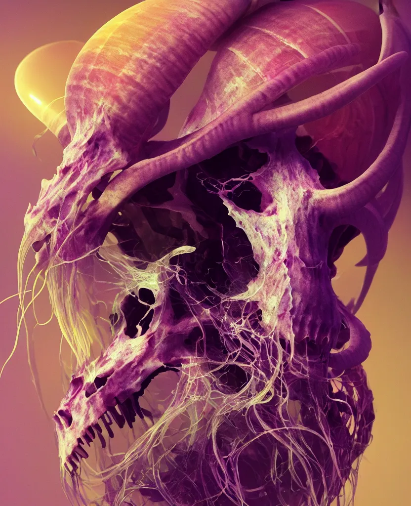 Image similar to goddess close-up portrait goat skull. jellyfish phoenix head, nautilus, orchid, skull, betta fish, bioluminiscent creatures, intricate artwork by Tooth Wu and wlop and beeple. octane render, trending on artstation, greg rutkowski very coherent symmetrical artwork. cinematic, hyper realism, high detail, octane render, 8k