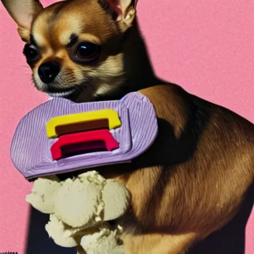 Image similar to a cute chihuahua eating an ice cream in the style of anni albers