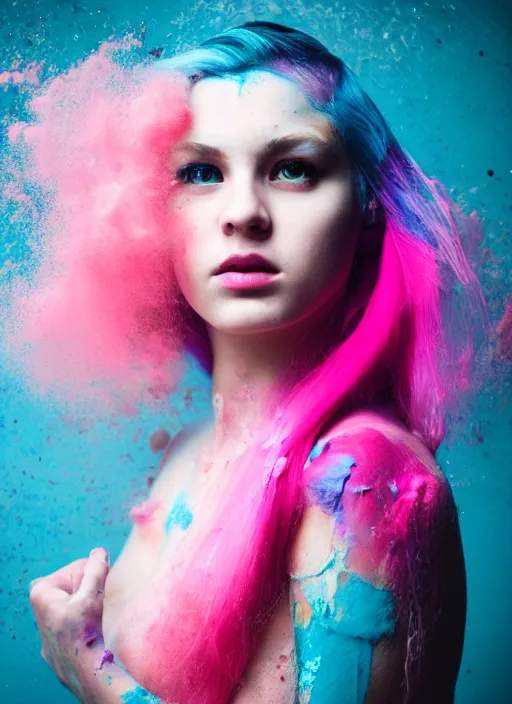 Image similar to a dramatic lighting photo of a beautiful young woman with cotton candy hair. paint splashes. moody, melanchonic. with a little bit of cyan and pink