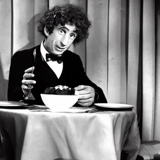 Image similar to harpo marx dines alone at a fancy restaurant