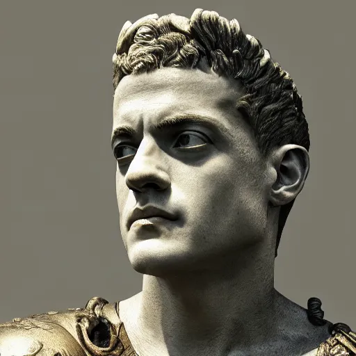 Prompt: rami malek as gorgeous statue of ancient roman emperor, 3 d photorealistic, high resolution render, museum photoshot, 8 k
