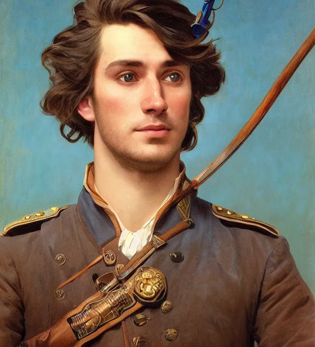 Image similar to candid portrait of a man with brown wavy hair and glowing bright blue eyes, surrounded by blue energy, powering up, wearing a blue traditional colonial military jacket, intricate, holding a spear, highly detailed, digital painting, artstation, concept art, sharp focus, cinematic lighting, illustration, art by artgerm and greg rutkowski, alphonse mucha, cgsociety