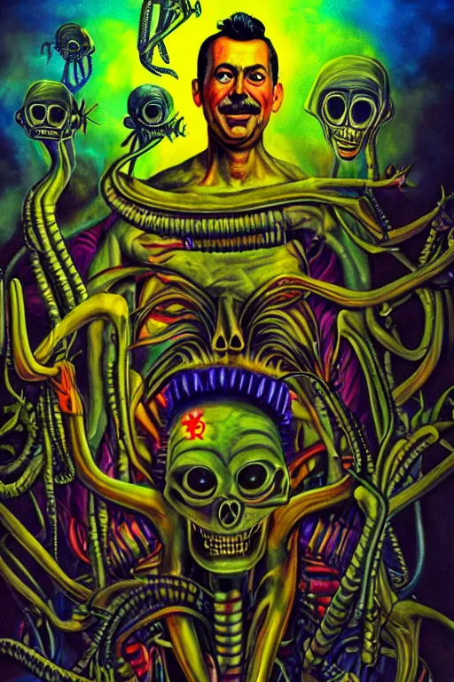 Image similar to subgenius, x - day, aliens, weird stuff, occult stuff, colorful, hyperrealism, dramatic lighting