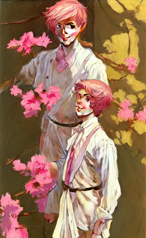 Image similar to androgynous cute pink haired teen boy wearing greek clothes, muted colors, colorful flowers, sunlight filtering through skin, j. c leyendecker, by alan lee, wlop! illustrated by starember, fantasy art by craig mullins cfg _ scale 8