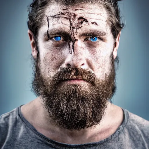 Prompt: portret of a man, warrior, scar on left cheek, battleworn, long dark brown hair, short messy beard, crystal blue eyes, weary