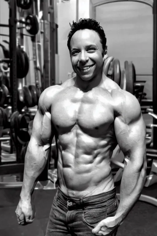 Image similar to Sam Riegel is a jacked muscle builder gigachad, grayscale photography, Critical Role, Smirk