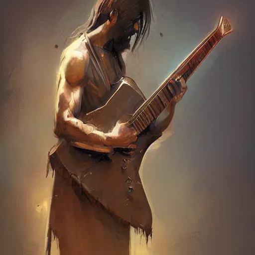 Image similar to v shape guitar in hand of man by greg rutkowski