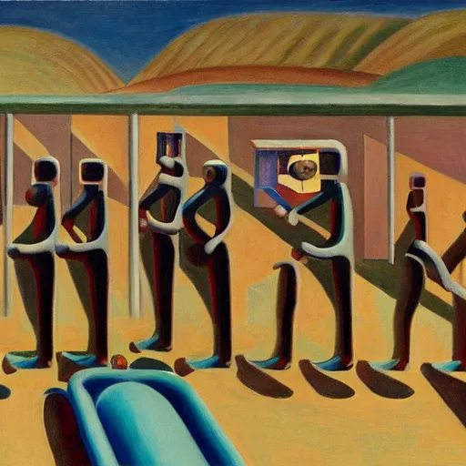 Image similar to robots queue up for water slide, grant wood, pj crook, edward hopper, oil on canvas