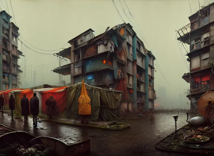 Prompt: waiting in line for cold soup by simon stalenhag and gil elvgren and tom bagshaw and marc simonetti and jan miense molenaer, slums, highly detailed, hyperrealism, dreary, cold, cloudy, grey, smog, high contrast, smogpunk, atompunk, high saturation, intricate complexity