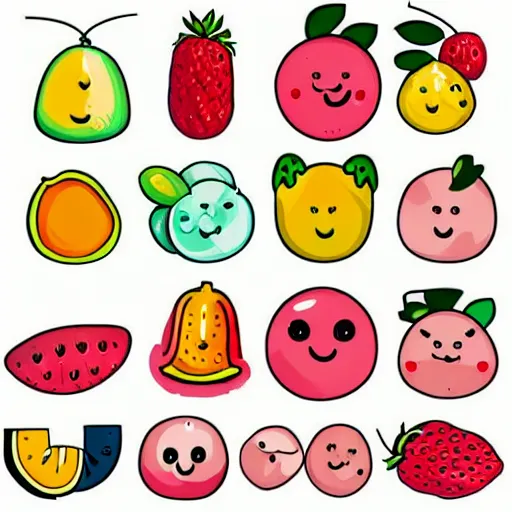 Image similar to a set of kawaii fruits isolated on white background, stylized, cartoon, cute, vector graphics, trending on pinterest, featured on artsation, high quality, smooth graphics, fine edges,