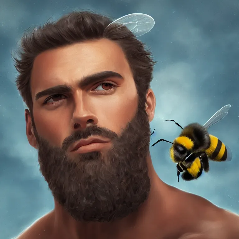 Image similar to gigachad super strong buff bee, headshot photo, style of surrealism, 4K, UHD, High quality, trending on ArtStation HQ, Digital art