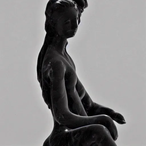 Image similar to a pretty magical mysterious woman made of black marble with white vein marble, dynamic pose