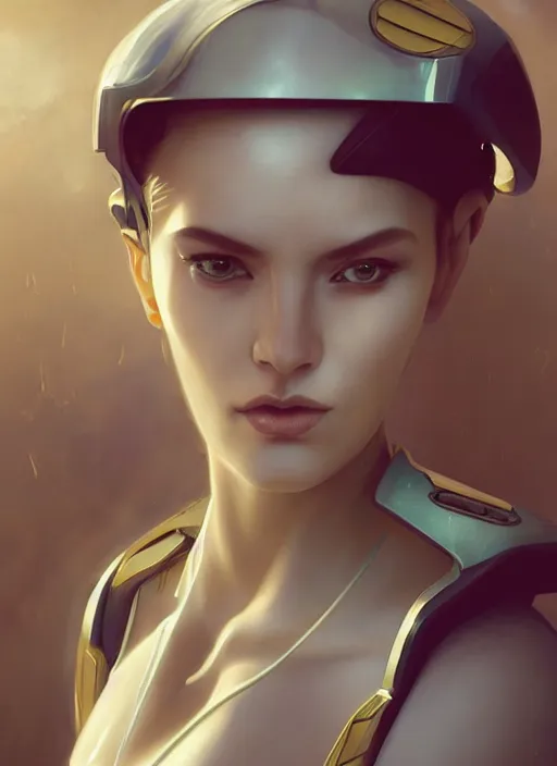 Image similar to beautiful delicate imaginative streamlined elegant futuristic close up portrait of a cyberpunk female sitting with elegant deadly looks, mechanical body on gold linings, smooth white and soft by ruan jia, tom bagshaw, alphonse mucha, krenz cushart, beautiful cyberpunk buildings in the background, epic sky, vray render, artstation, deviantart, pinterest, 5 0 0 px models