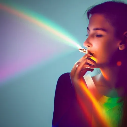 Prompt: woman smoking with rainbow haze around her and lights streaming in