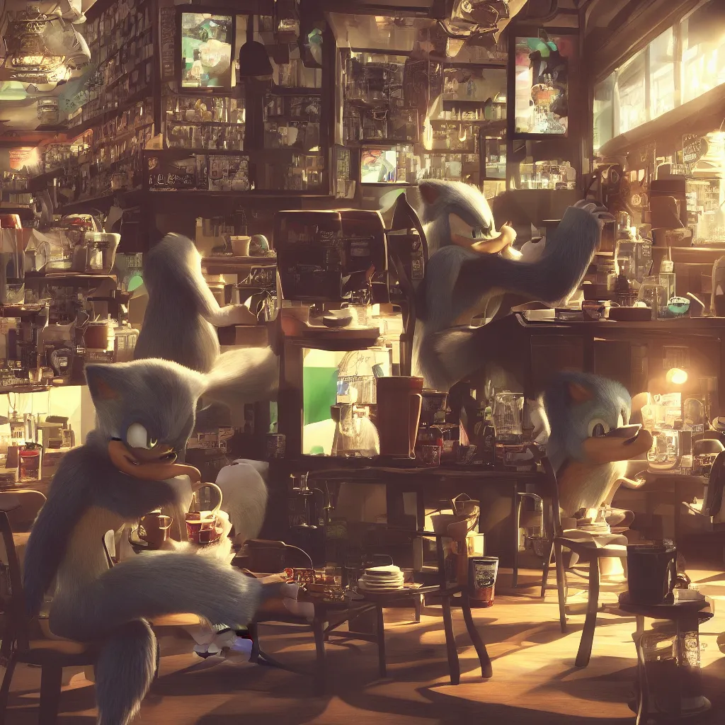 Image similar to Sonic having a cup of tea at starbucks. Beautiful composition, 3d render trending on artstation, medium shot, indoor smooth light