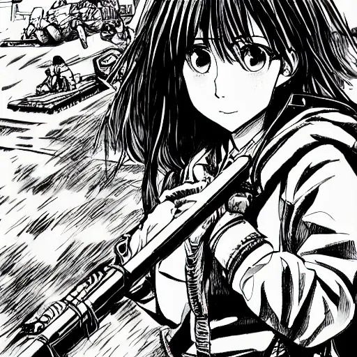 Image similar to manga style, black line art, portrait of girl, under artillery fire, trench sandbags in background, soldier clothing, military gear, short hair, hair down, symmetrical facial features, realistic face, 4 k, detailed drawing, mangadex, by kentaro miura