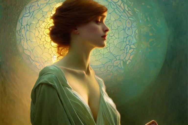 Image similar to pale teal becoming light itself, fantasy, intricate, elegant, dramatic lighting, emotionally evoking symbolic metaphor, highly detailed, lifelike, photorealistic, digital painting, artstation, concept art, smooth, sharp focus, illustration, art by John Collier and Albert Aublet and Krenz Cushart and Artem Demura and Alphonse Mucha