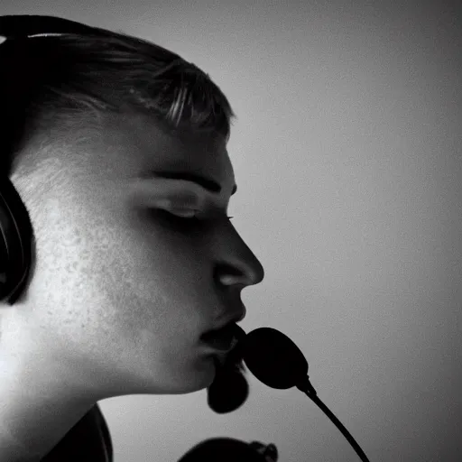 Image similar to A photograph of a bird wearing headphones and speaking into a high-end microphone in a recording studio.