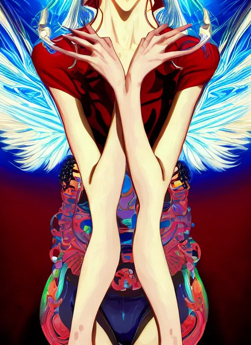 Prompt: portrait of a psychedelic angel, digital painting masterpiece, advanced lighting technology, stylized yet realistic anatomy and face, gorgeous, by reiq and bengus and akiman and shigenori soejima and bastien vives and balak and michael sanlaville and jamie hewlett, 4 k wallpaper, cinematic, gorgeous brush strokes, coherent and smooth