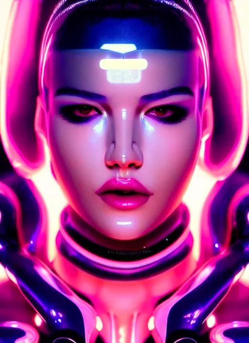 Image similar to a highly detailed long shot photo of sensual female face portrait, futurism, cyber neon lighting, detailed futuristic jewelry, futuristic glossy latex suit, profile posing, hyper photorealistic, crispy quality, digital photography, trending in pinterest, cinematic, 4 k ultra hd, art by pascal blanche, art by greg rutkowski, art by artgerm,