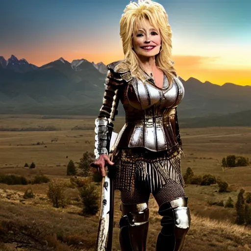 Image similar to Dolly Parton as a leading warrior, wearing Spartan leather armor, cinematic, photography, promotional advertising, rocky mountain range, sunset background