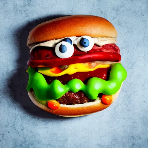 Image similar to a humanoid bipedal upright zombie that strongly resembles a hamburger, professional food photography