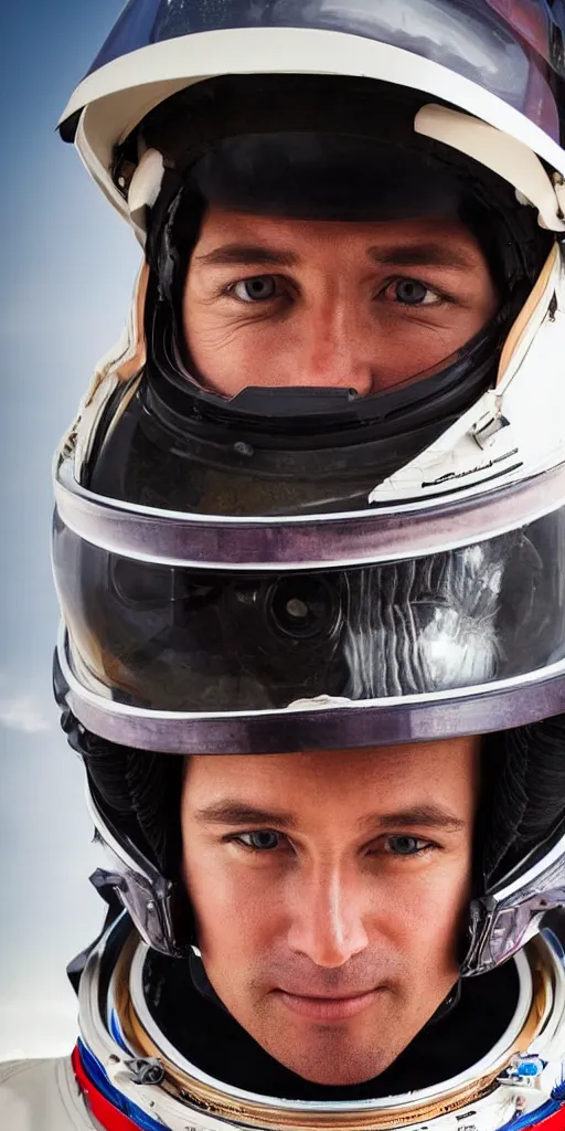Image similar to closeup portrait photograph of an astronaut extreme sports dirt bike rider, helmet, human head, portrait, hyper realistic, highly detailed, retrofuturism